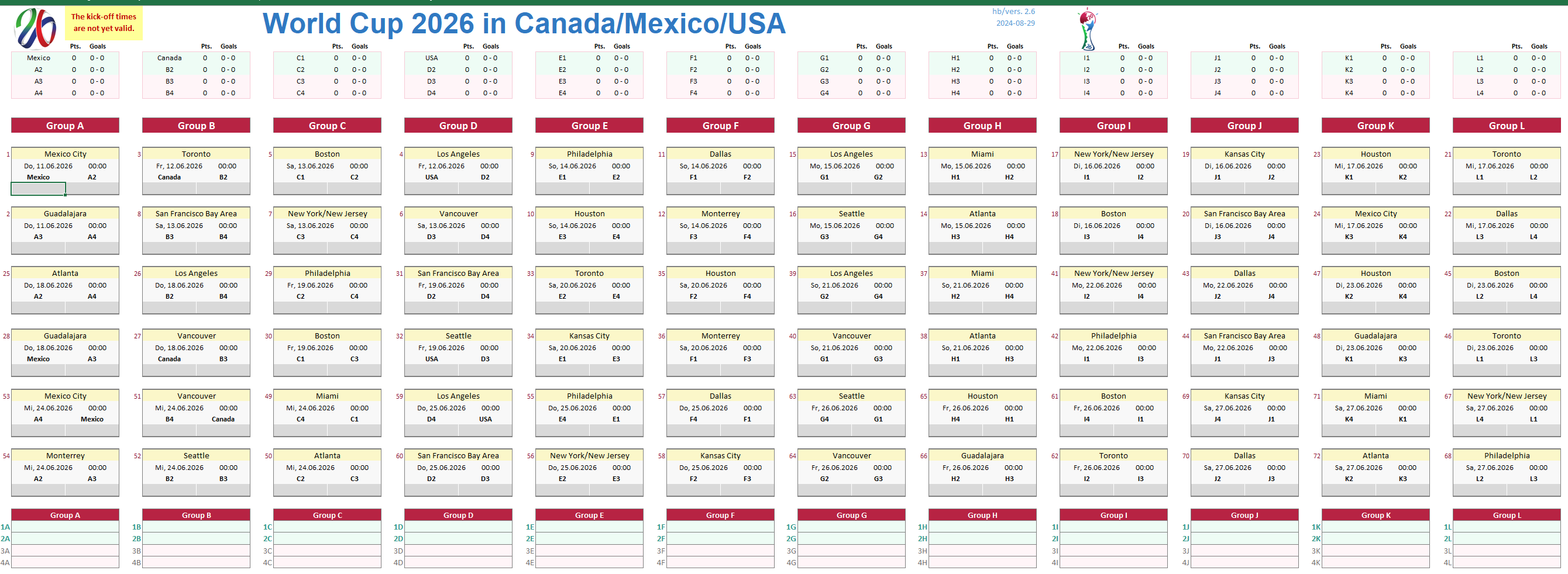 Preview of the Excel Schedule World Cup 2026