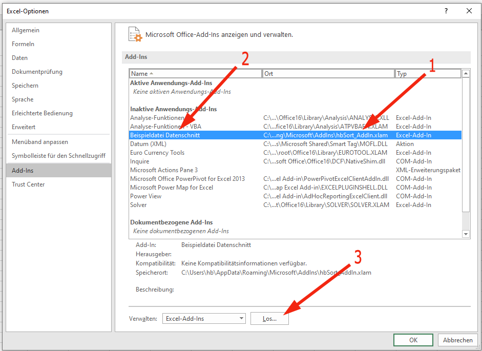 Excel Optionen Add-Ins