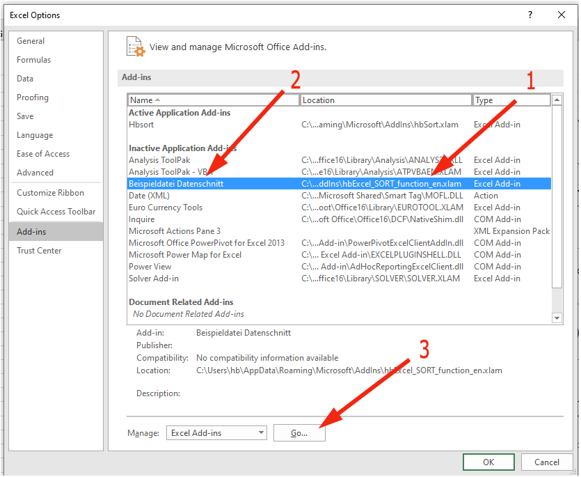 Excel Options Add-ins