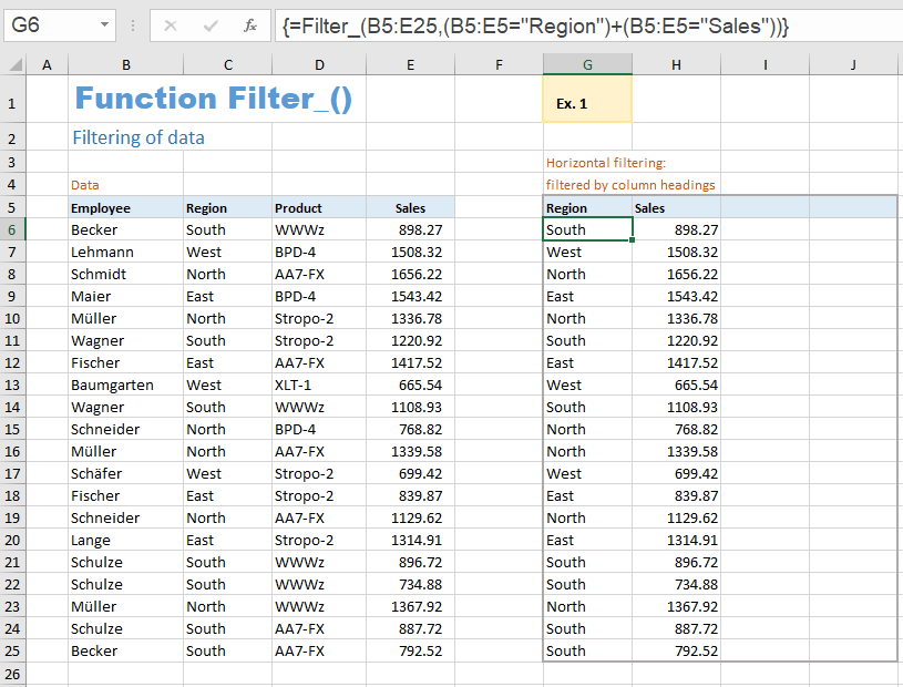 Excel example for function Filter_