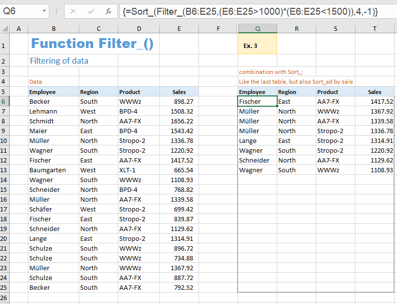 Excel example for function Filter_