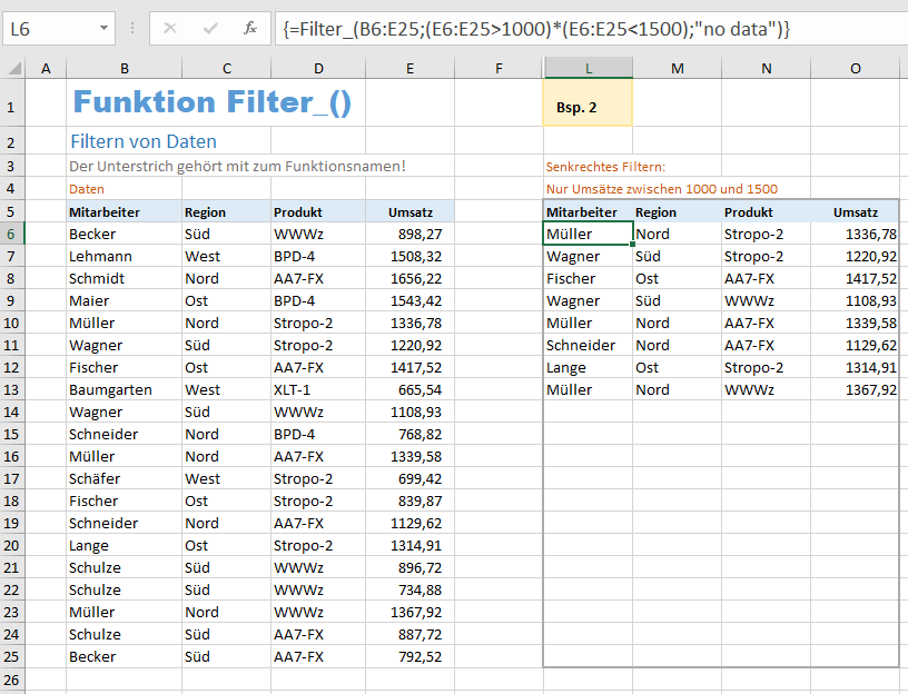 Excel Beispiel für die Funktion Filter_