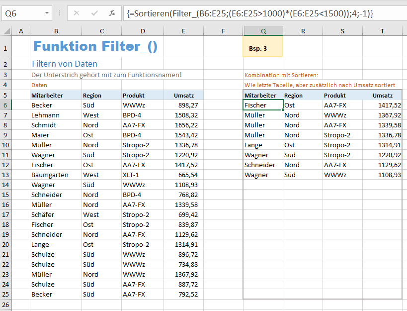 Excel Beispiel für die Funktion Filter_