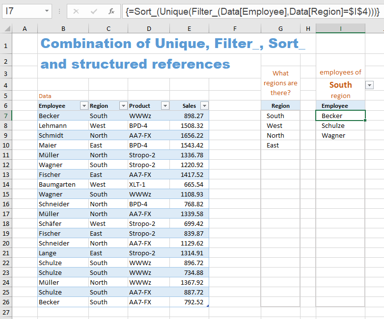 Example for the combination of Sort_, Filter_ und Unique