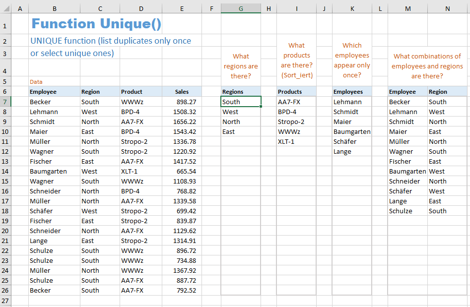 Excel examples for function Unique