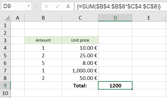 Excel array formulas Example 4.1