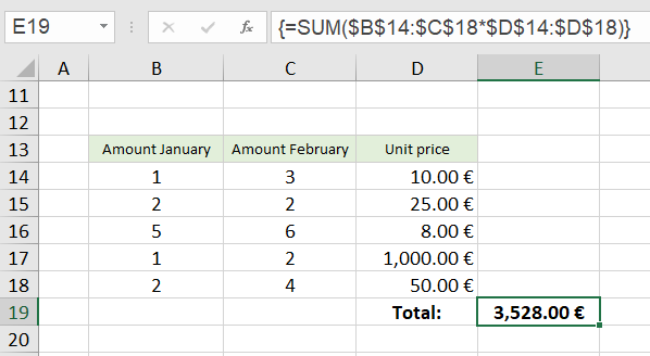 Excel array formulas Example 4.2